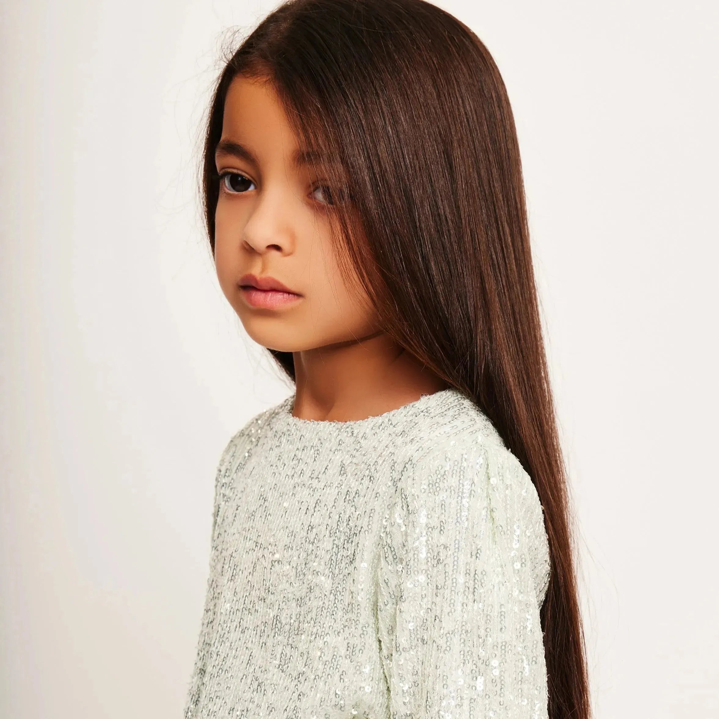 Jersey Sequin Top with Ruffled Sleeves and Button Detail