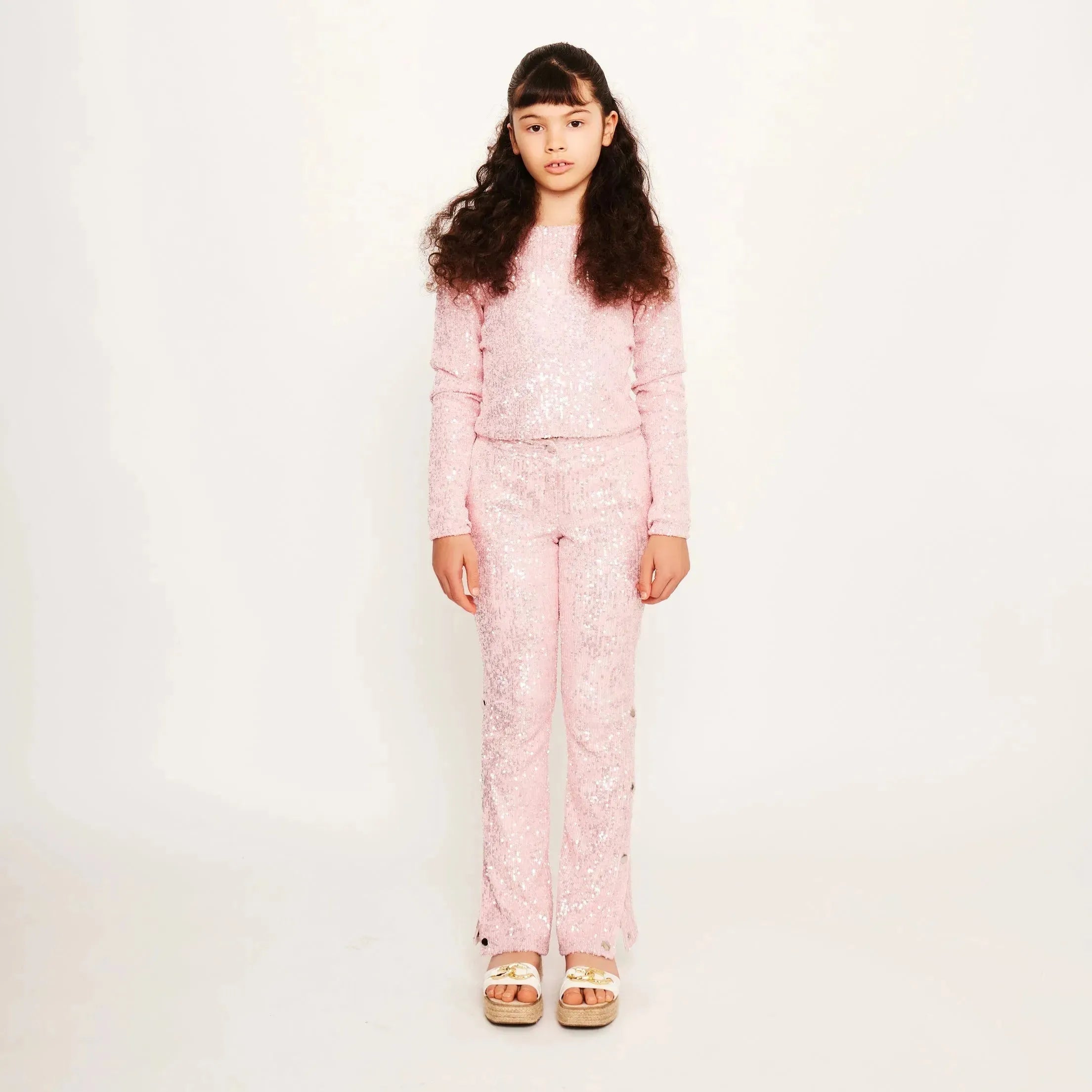 Jersey Sequin Top with Ruffled Sleeves and Button Detail