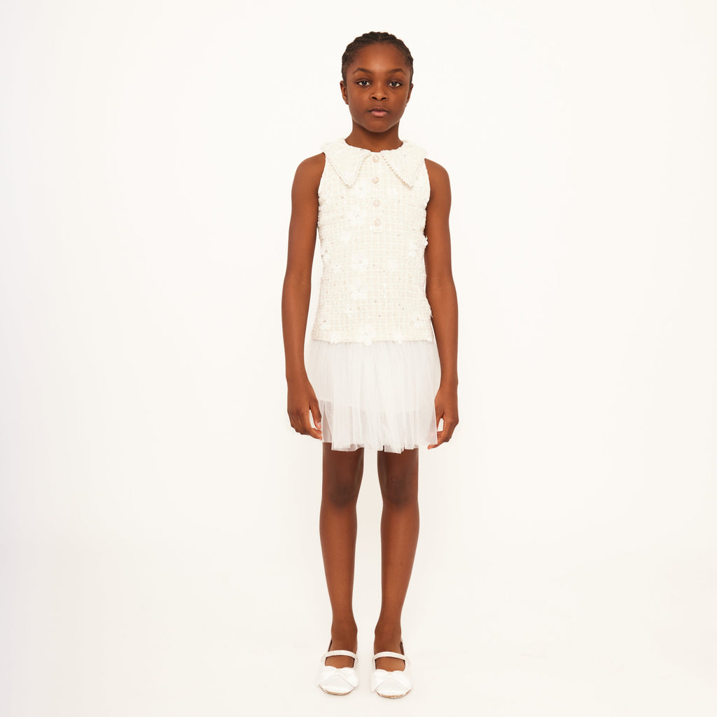 Tweed Sleeveless Dress with Tulle Hem