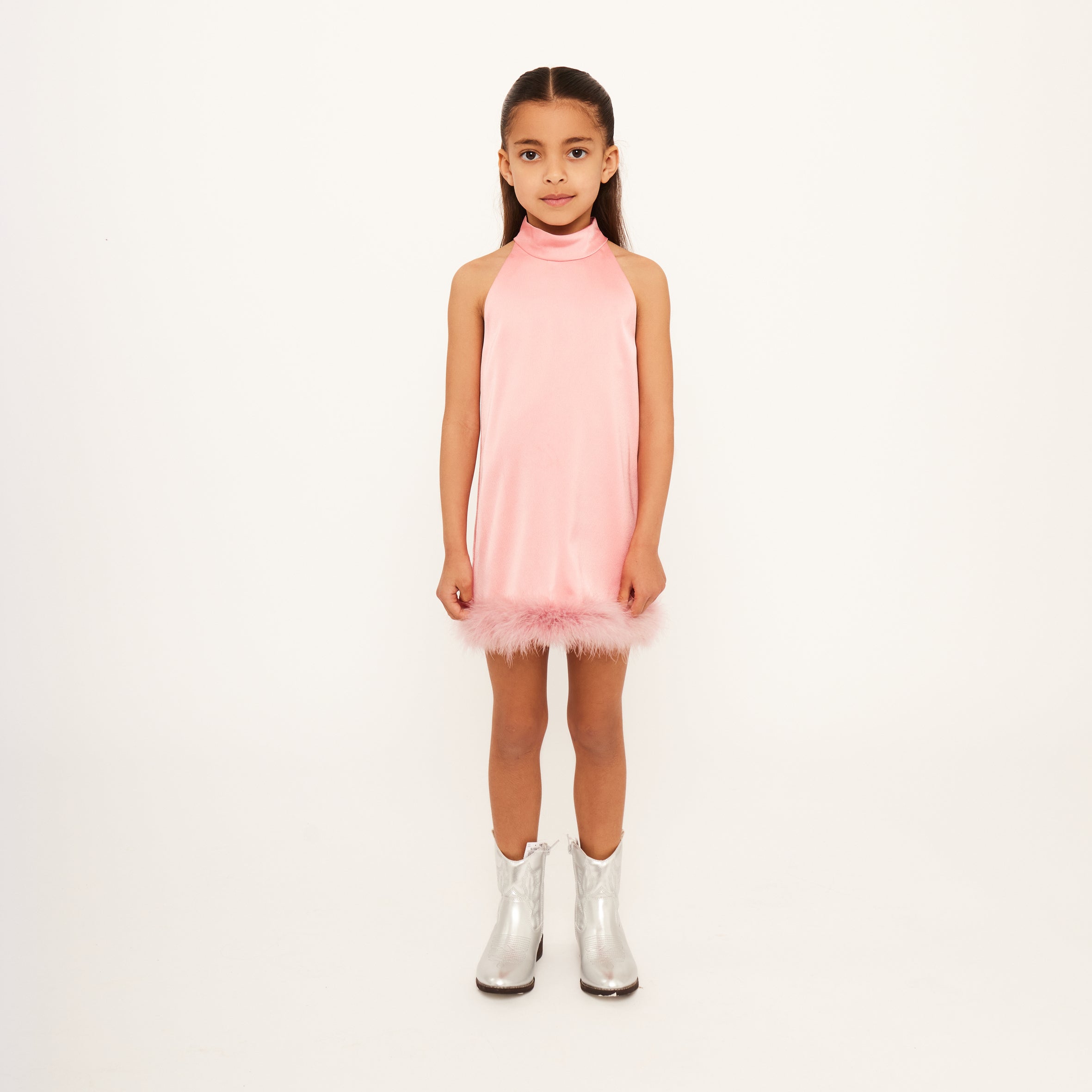 Satin Sleeveless High Neck Feather Dress